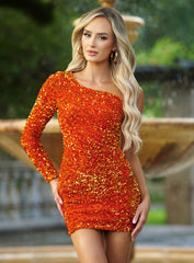 Size Medium, Rita One Sleeve Sequin Mini Dress - Burnt Orange - FINAL SALE