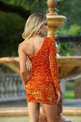 Size Medium, Rita One Sleeve Sequin Mini Dress - Burnt Orange - FINAL SALE