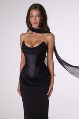 Camdyn Gown - Satin & Crepe Corset Dress With Scarf