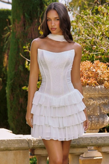 Janet Mini Dress - Ruffle & Lace Cocktail Dress With Scarf