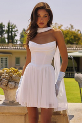 Reese Mini Dress - Chiffon & Satin Cocktail Dress With Scarf - Off White