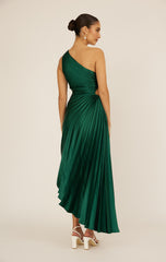 Panama Maxi Dress - Kelly Green - Pleated Dress With Side Cut Out