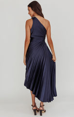Panama Maxi Dress - Navy - Pleated Dress With Side Cut Out