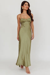 Paula Maxi Dress - Olive Green Satin Slip Dress