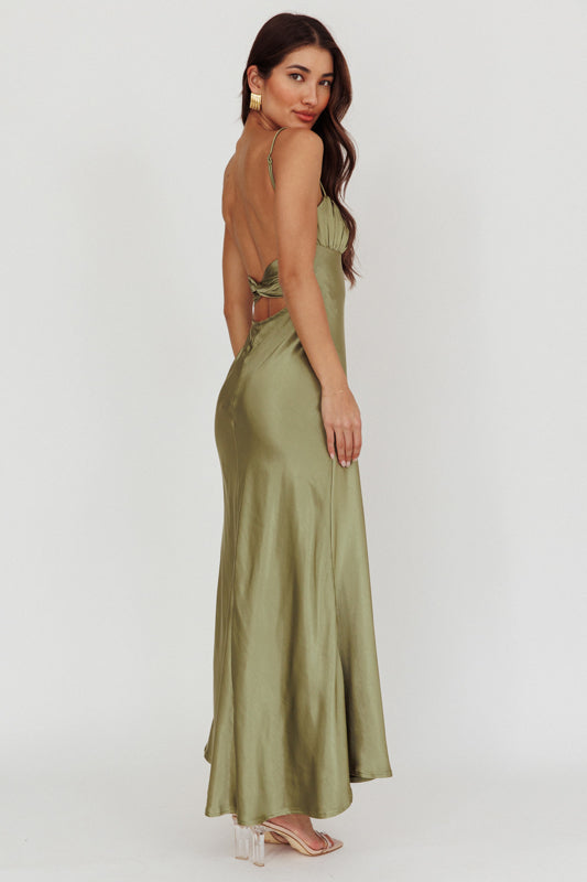 Paula Maxi Dress - Olive Green Satin Slip Dress