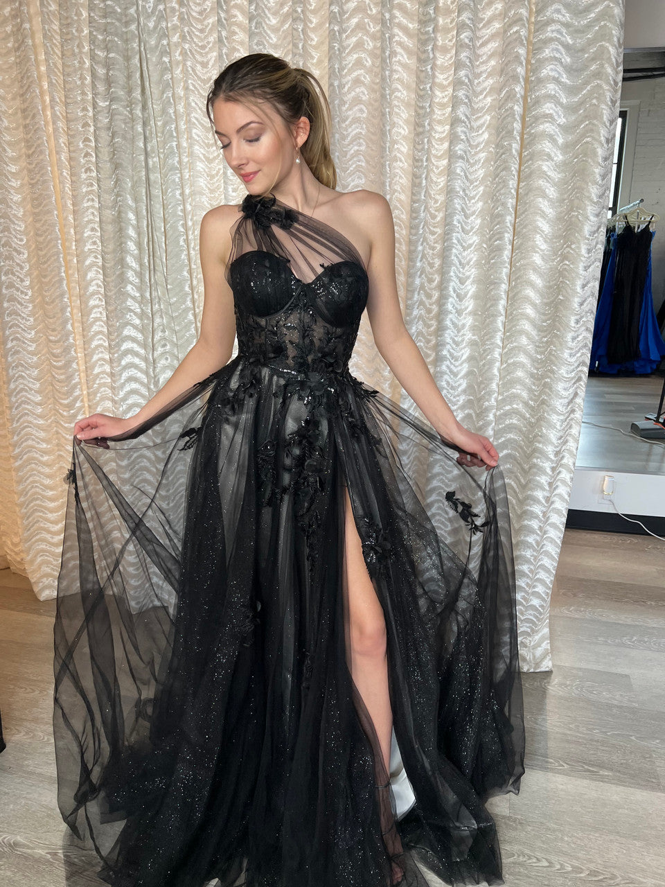 A1053 - Leila One Shoulder A-Line Tulle Gown - Andrea & Leo
