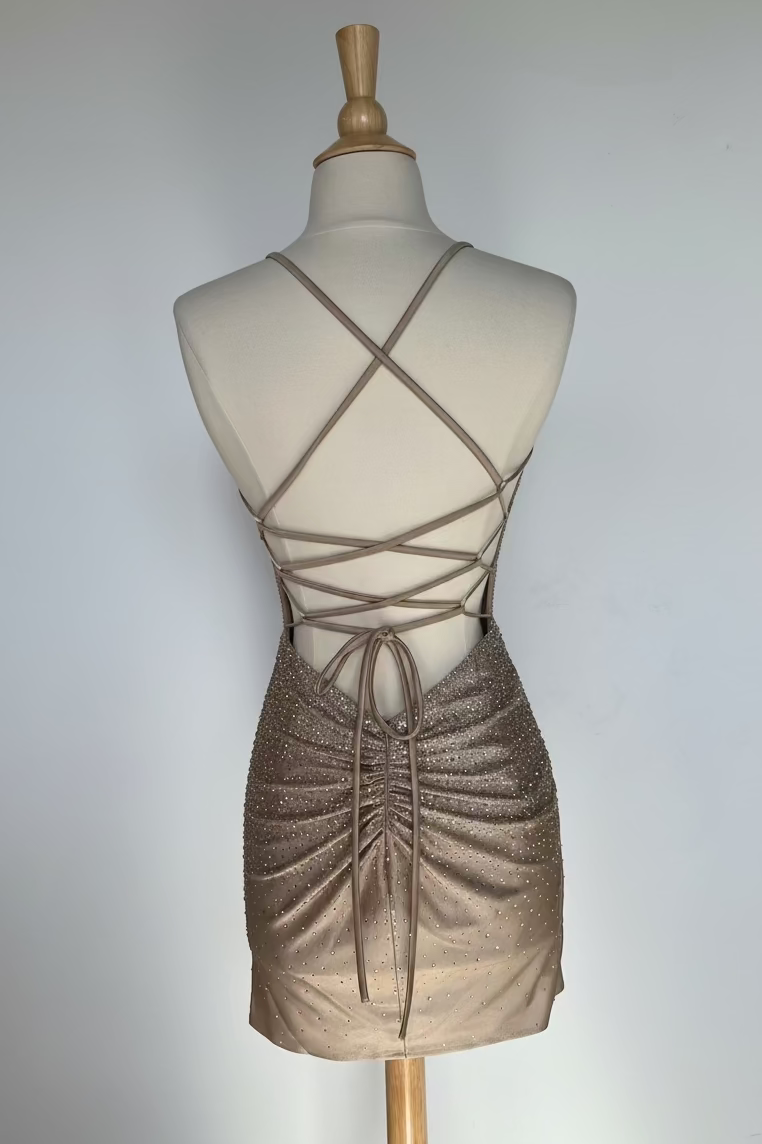 NOVALEE MINI - CHAMPAGNE - HOT STONE LACE-UP DRESS