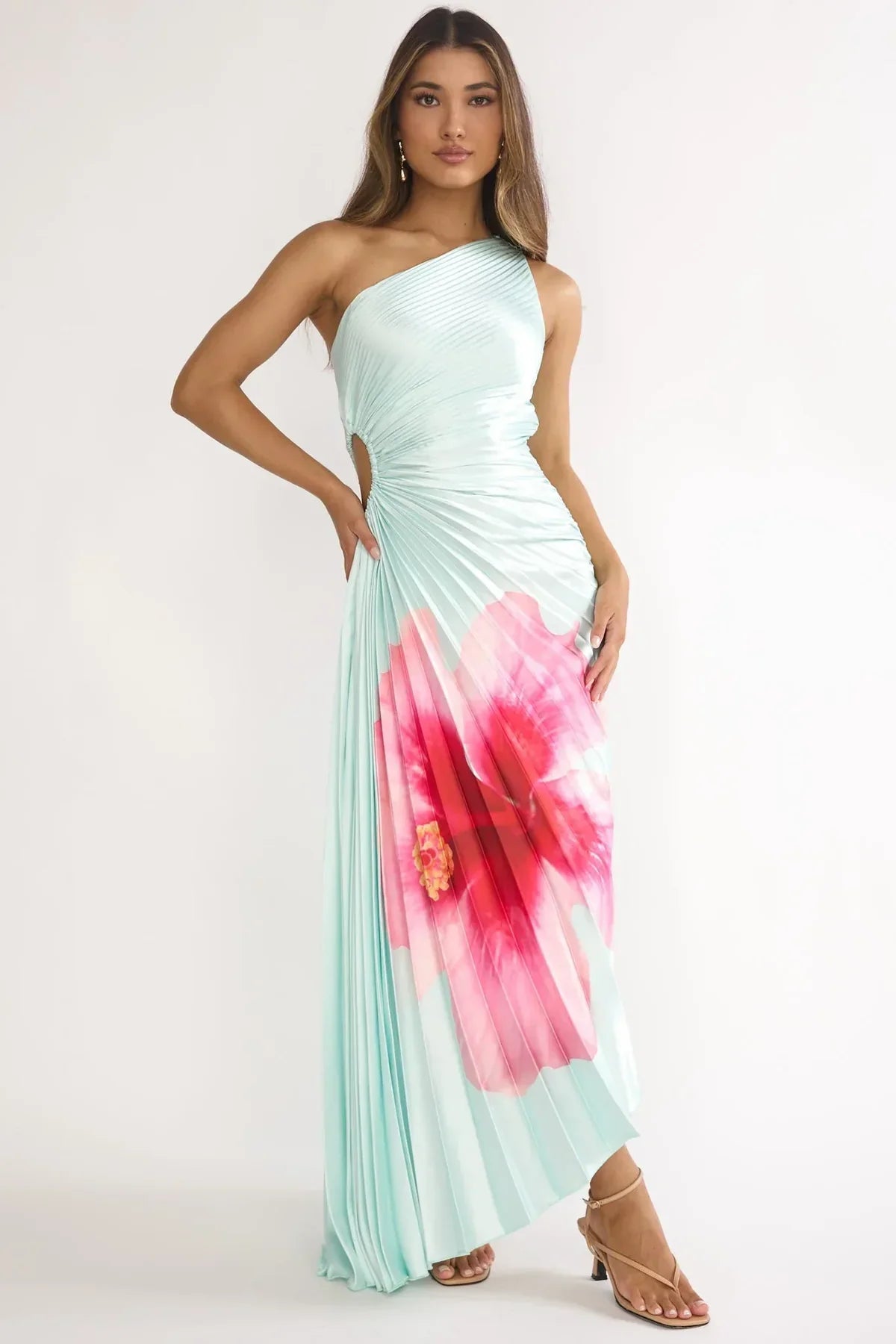 Beth Maxi Dress - Mint Floral Pleated Maxi Dress with Cut-Out