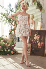 WL085 - DIMENSIONAL FLORAL & LACE STRAPLESS SHORT BRIDAL MIDI DRESS - Andrea & Leo