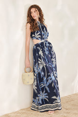 Tropical Palm Print Halter Maxi Dress