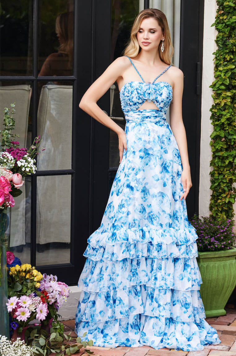 40026 - Ava Presley - Chiffon Floral Print Dress with Keyhole