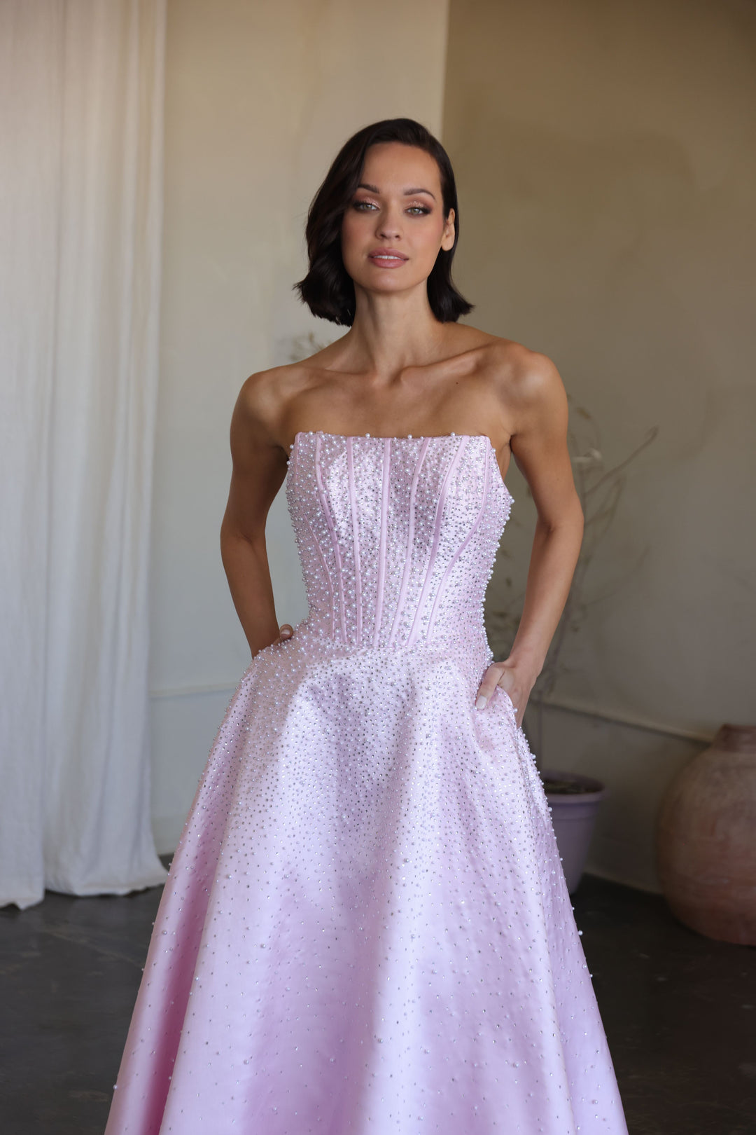 47283 - Ava Presley - Mikado A-line Corset Dress with Pearls