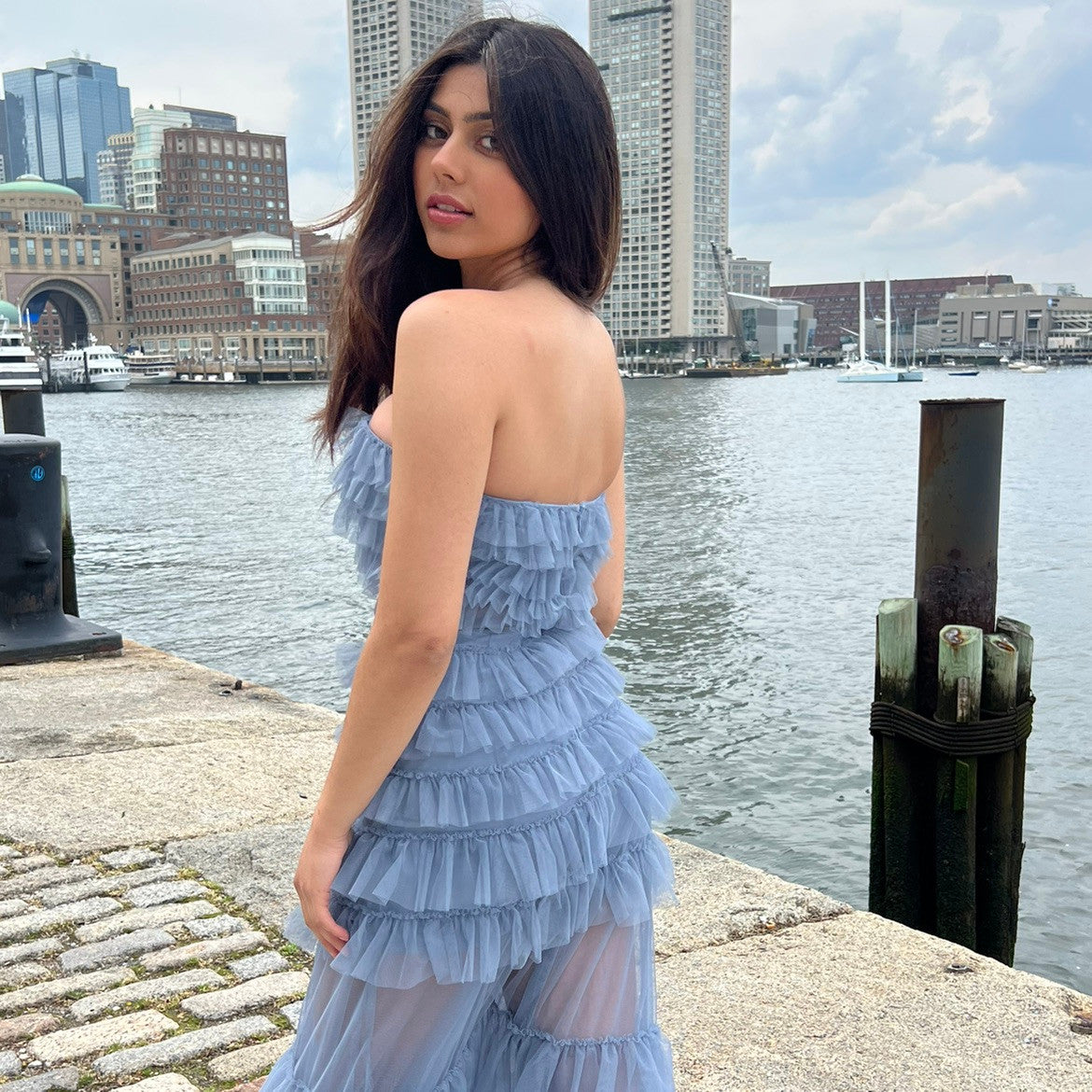 Georgia Maxi Dress - Smoky Blue - Ruffle Tulle Dress With Sheer Detail