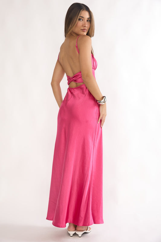 Paula Maxi Dress - Fuchsia Pink Satin Slip Dress