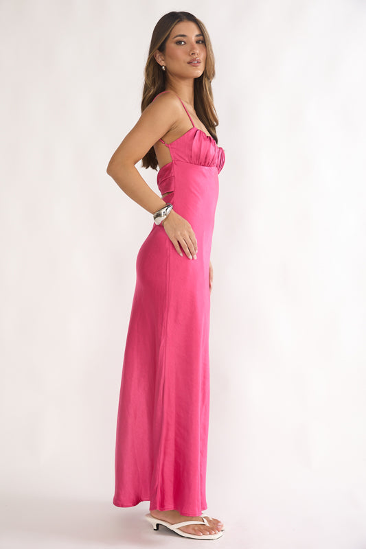 Paula Maxi Dress - Fuchsia Pink Satin Slip Dress
