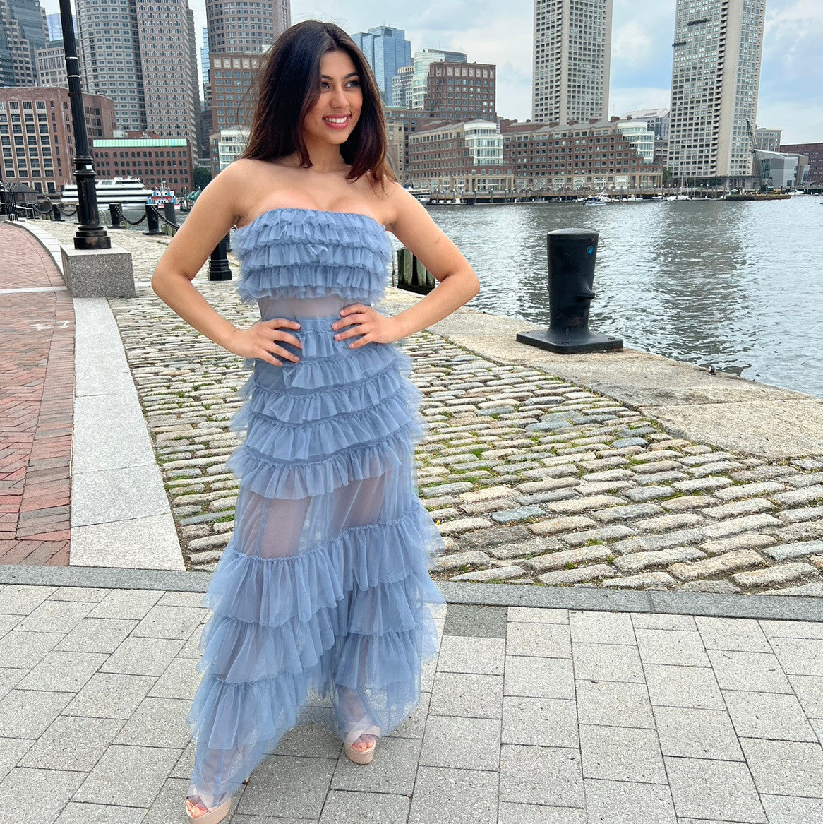 Georgia Maxi Dress - Smoky Blue - Ruffle Tulle Dress With Sheer Detail