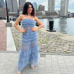 Georgia Maxi Dress - Smoky Blue - Ruffle Tulle Dress With Sheer Detail