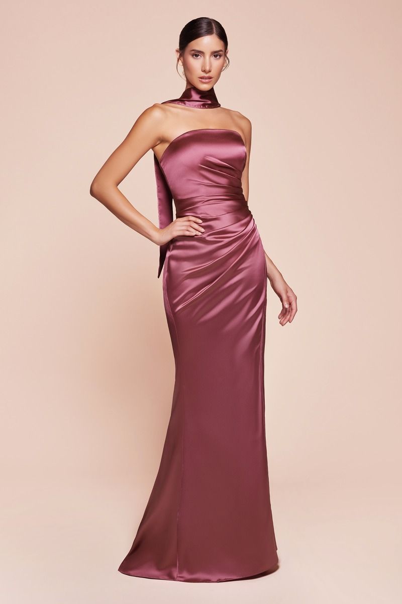 NICOLETTE GOWN - STRAPLESS LUXE SATIN DRESS & SCARF