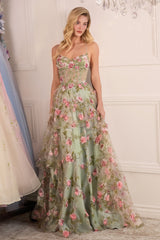 A1420 - SAGE FLORAL PRINT CORSET A-LINE DRESS - Andrea & Leo