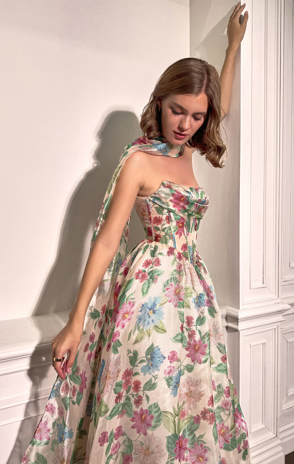 A1425 - Tossed Bouquet Printed Organza Dress With Scarf - Andrea & Leo