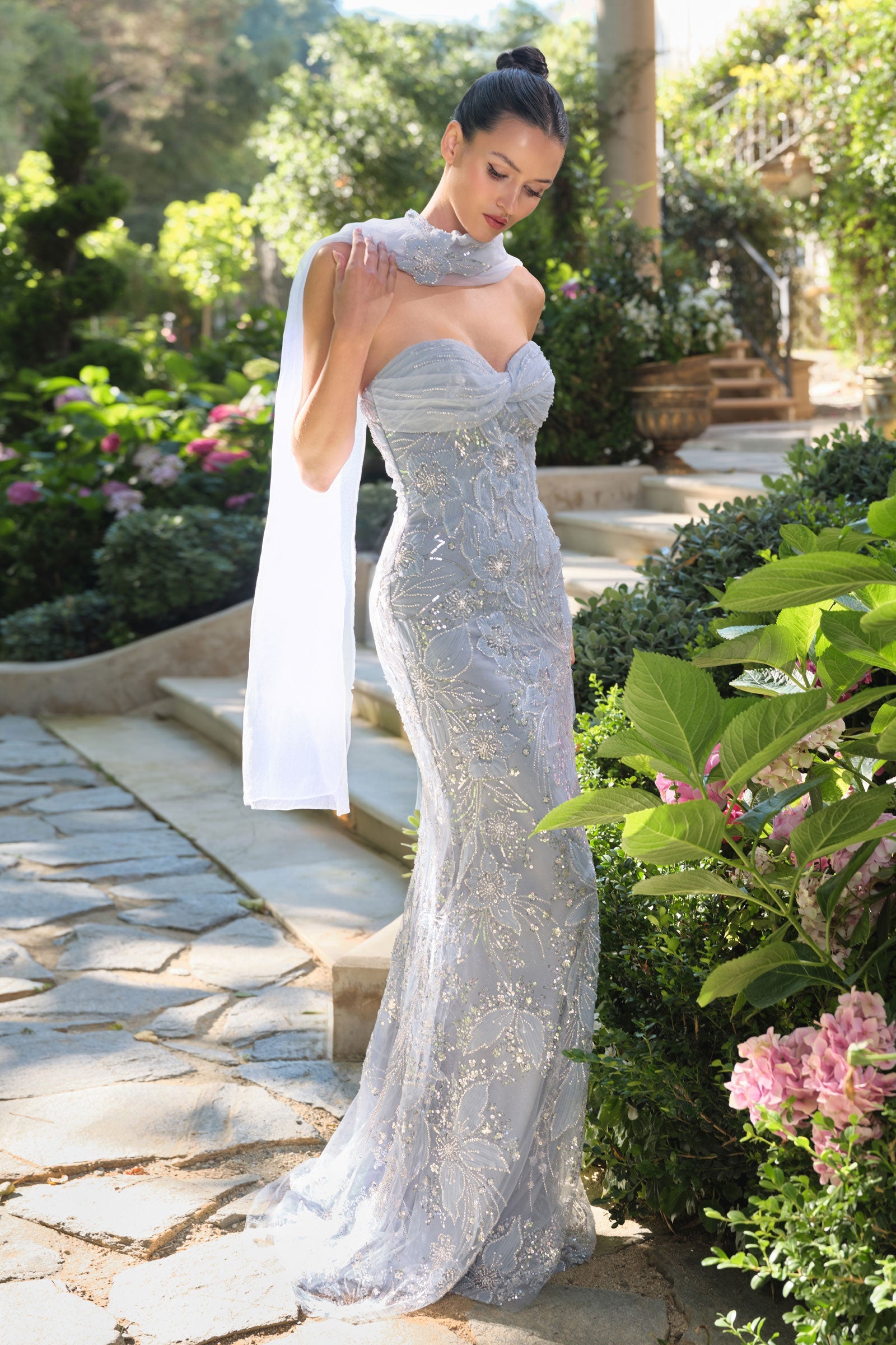 A1484 - Meadow Lark Fitted Column Dress With Scarf - Andrea & Leo