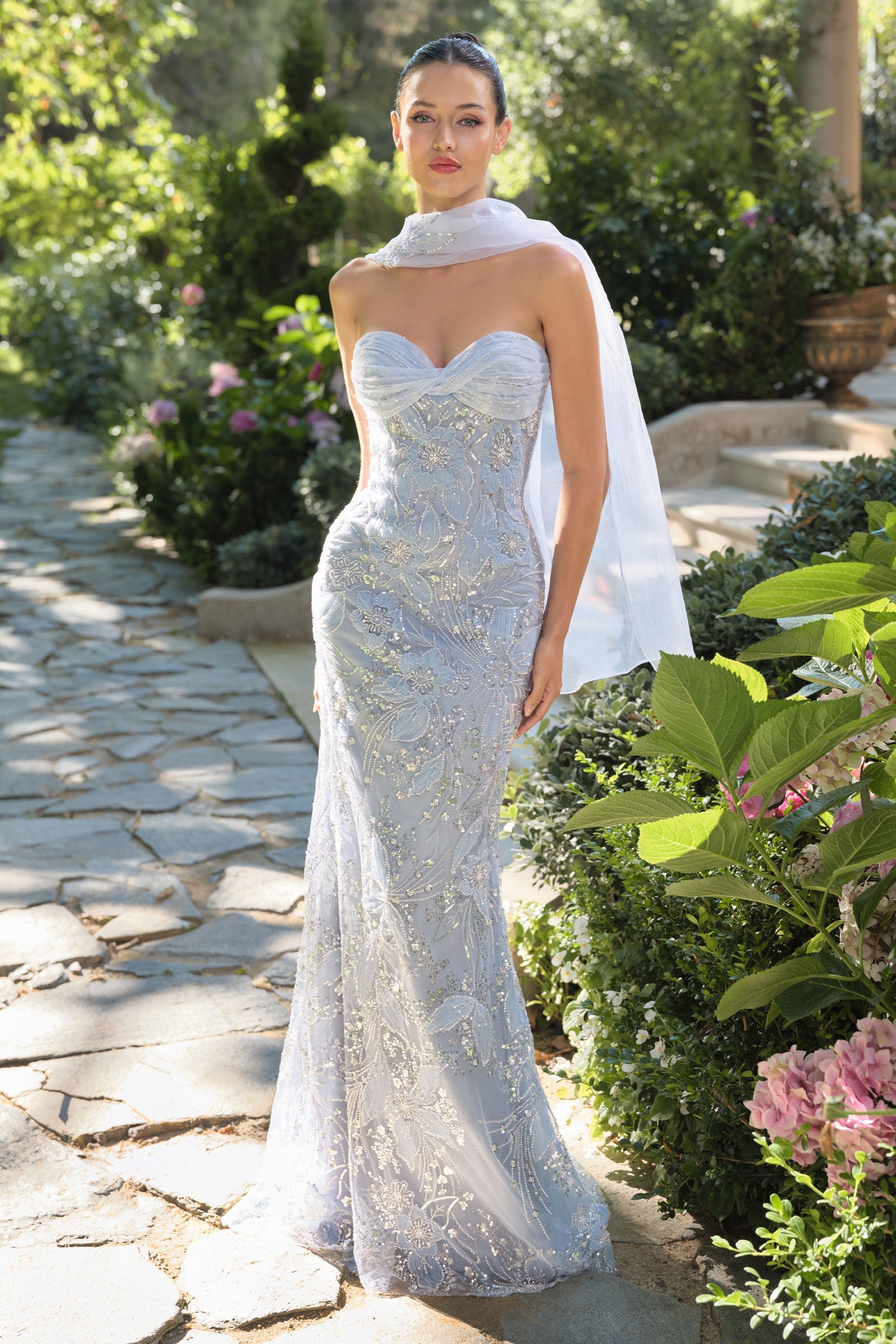 A1484 - Meadow Lark Fitted Column Dress With Scarf - Andrea & Leo