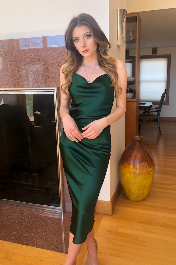 Aspen Midi Dress - Emerald Green Satin Slip Dress - FINAL SALE