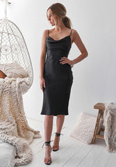 Aspen Midi Dress - Black Satin Slip Dress