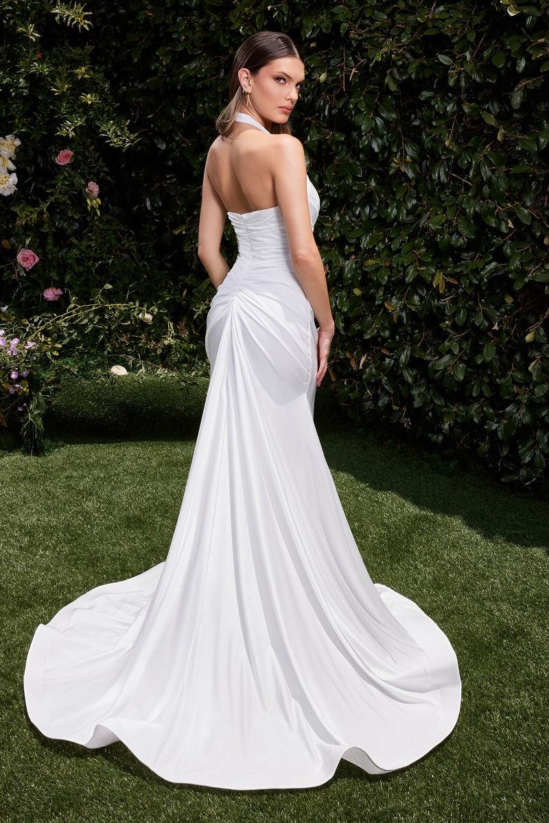 Autumn Gown - Off-White Stretch Spandex Satin Halter Fitted Dress