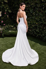 Autumn Gown - Off-White Stretch Spandex Satin Halter Fitted Dress