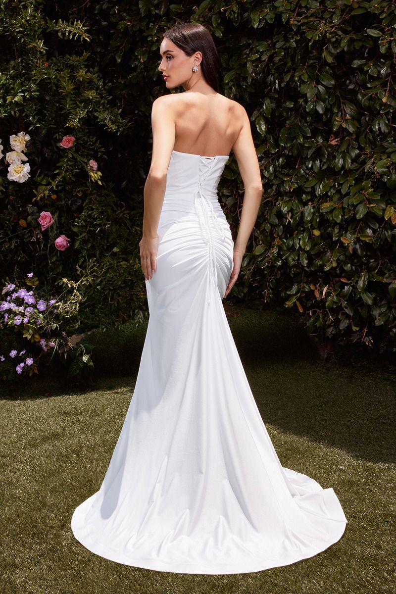 AVA POINTED V-NECKLINE GOWN - OFF WHITE - STRAPLESS STRETCH SPANDEX SATIN FITTED DRESS