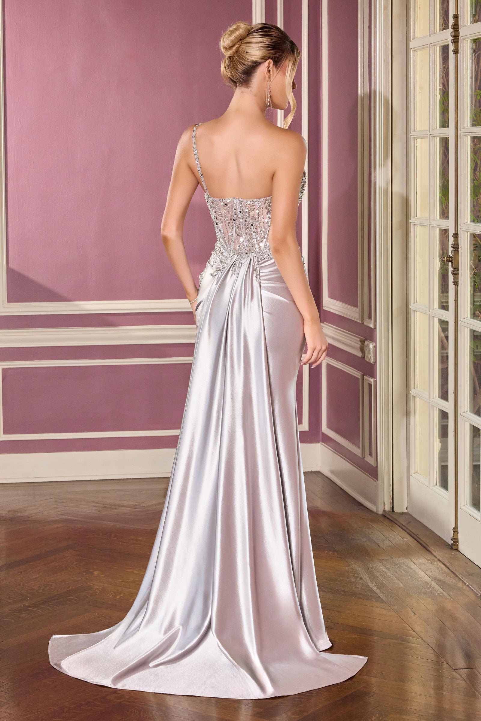 Kendra Gown – Silver Dress With Train & Skirt Inset Detail