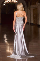 Kendra Gown – Silver Dress With Train & Skirt Inset Detail