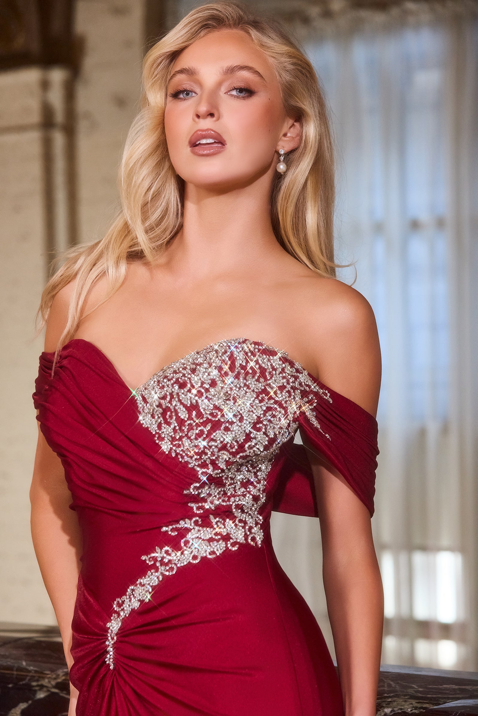 Gadot Gown - Off-the-Shoulder Crystal Satin Dress