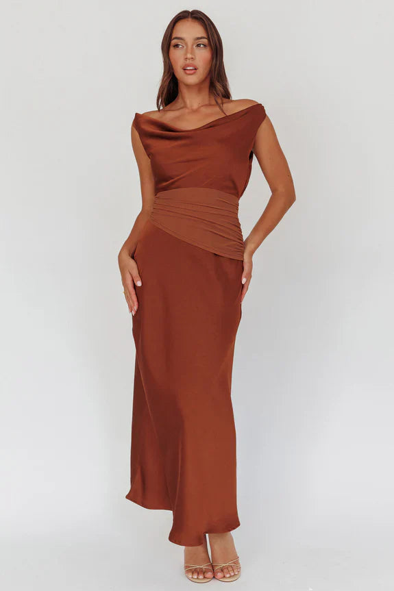 JUDY MAXI - COCOA BROWN SATIN DRESS WITH OPEN BACK