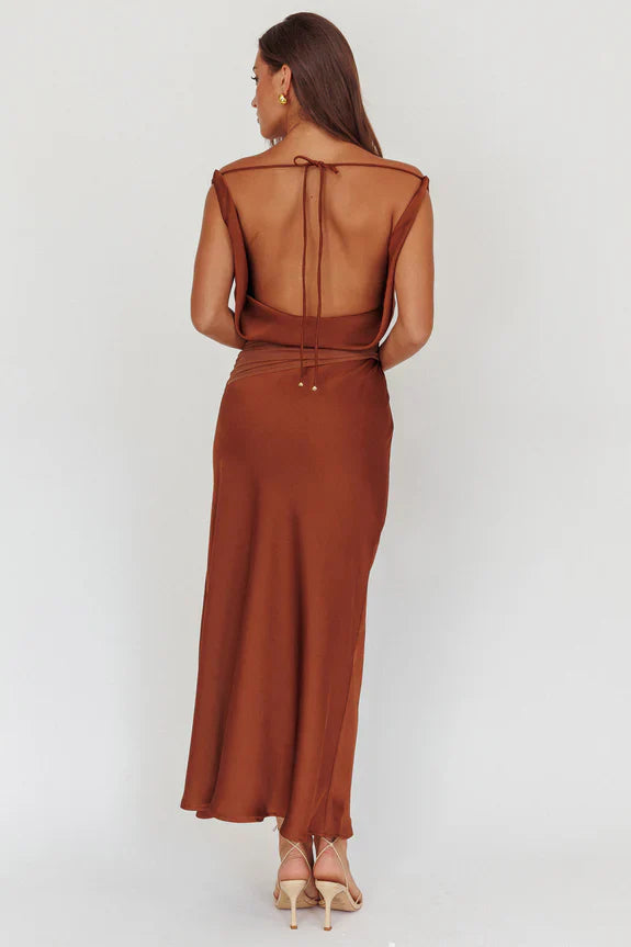 JUDY MAXI - COCOA BROWN SATIN DRESS WITH OPEN BACK