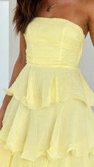 Gabby Maxi Dress - Lemon Yellow - Strapless Tiered Dress