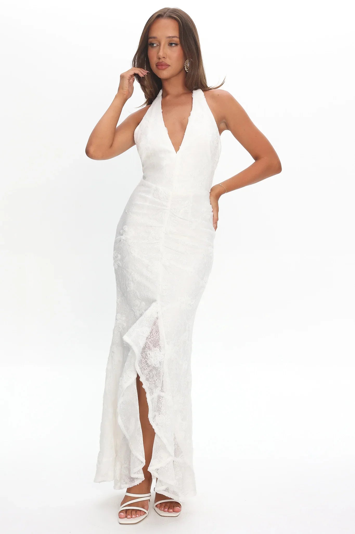 Rue Maxi Dress - White Lace & Rosette Dress