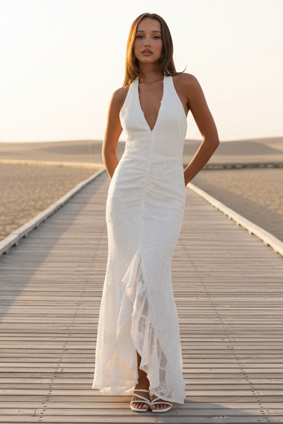 Rue Maxi Dress - White Lace & Rosette Dress