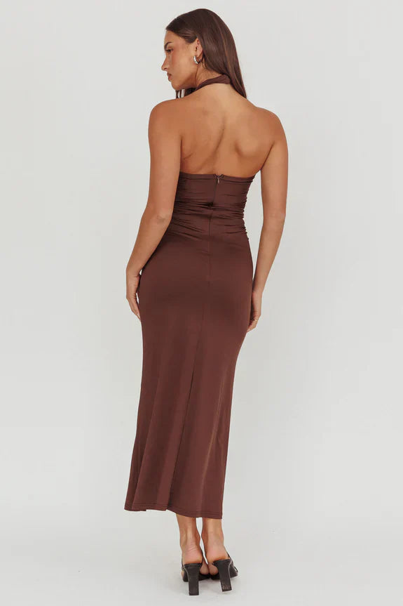 LOIS TWIST HALTER MAXI DRESS - CHOCOLATE