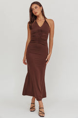 LOIS TWIST HALTER MAXI DRESS - CHOCOLATE
