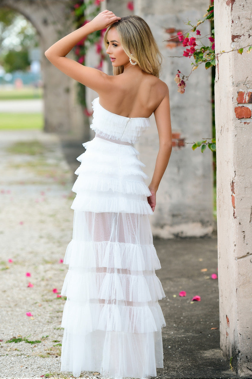 Georgia Maxi Dress - White - Ruffle Tulle Dress With Sheer Detail