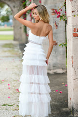 Georgia Maxi Dress - White - Ruffle Tulle Dress With Sheer Detail