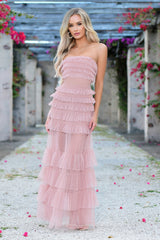 Georgia Maxi Dress - Blush - Ruffle Tulle Dress With Sheer Detail