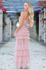 Georgia Maxi Dress - Blush - Ruffle Tulle Dress With Sheer Detail