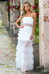 Georgia Maxi Dress - White - Ruffle Tulle Dress With Sheer Detail