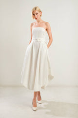 LIFE'S COMPASS - WHITE STRAPLESS MIDI DRESS