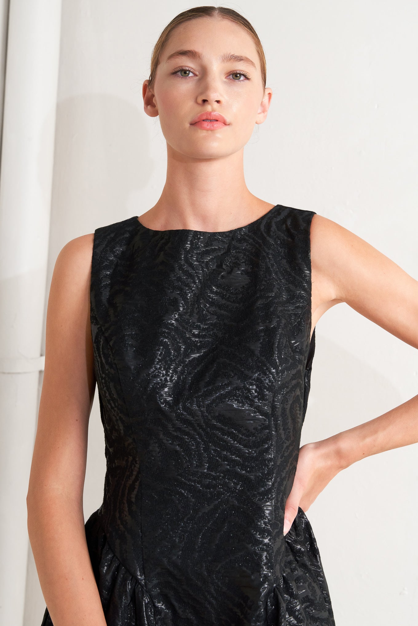 TEXTURED BLACK MIDI DRESS WITH OPEN BACK - FINAL SALE