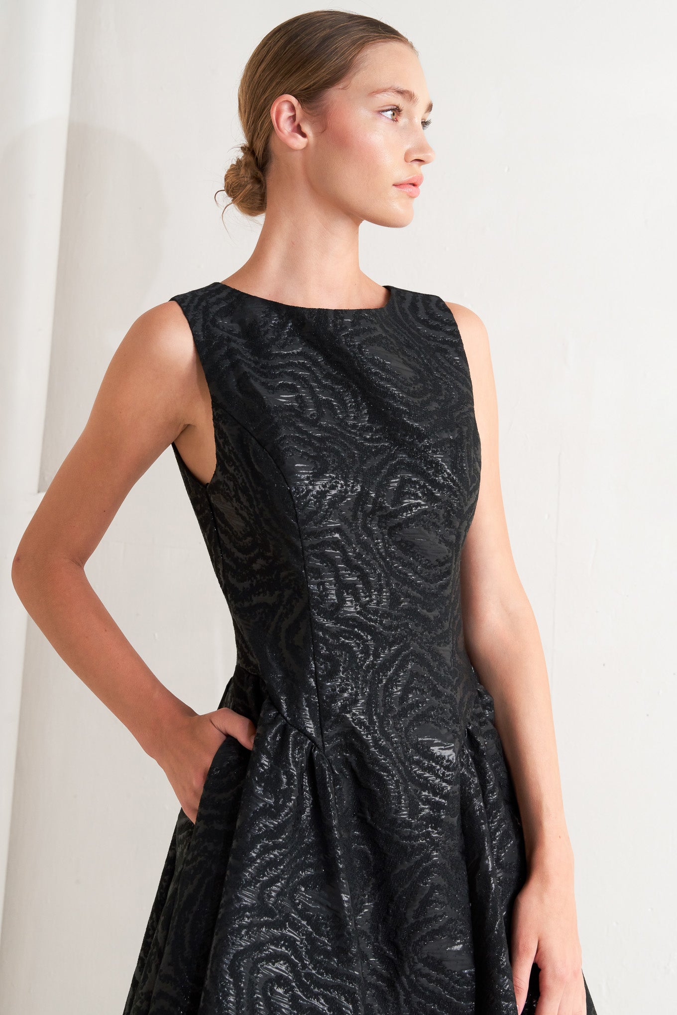 TEXTURED BLACK MIDI DRESS WITH OPEN BACK - FINAL SALE