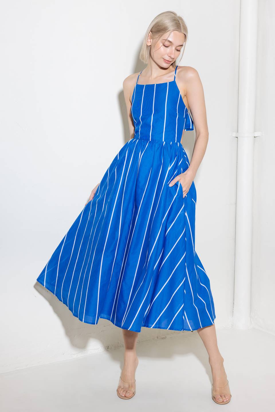 LET THE GOOD IN - BLUE STRIPE - TIE BACK MIDI DRESS